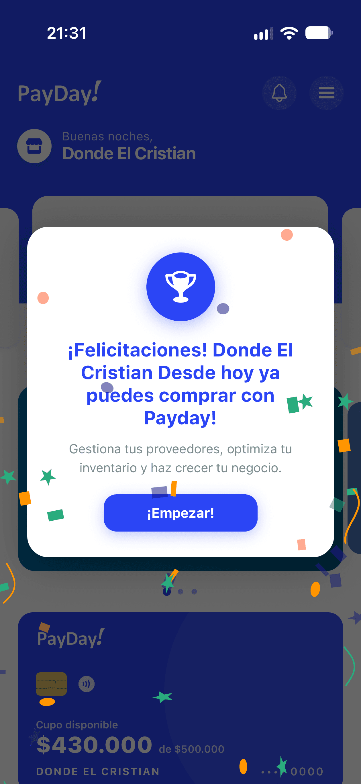 Bienvenida de la app PayDay! al activar la cuenta del comercio