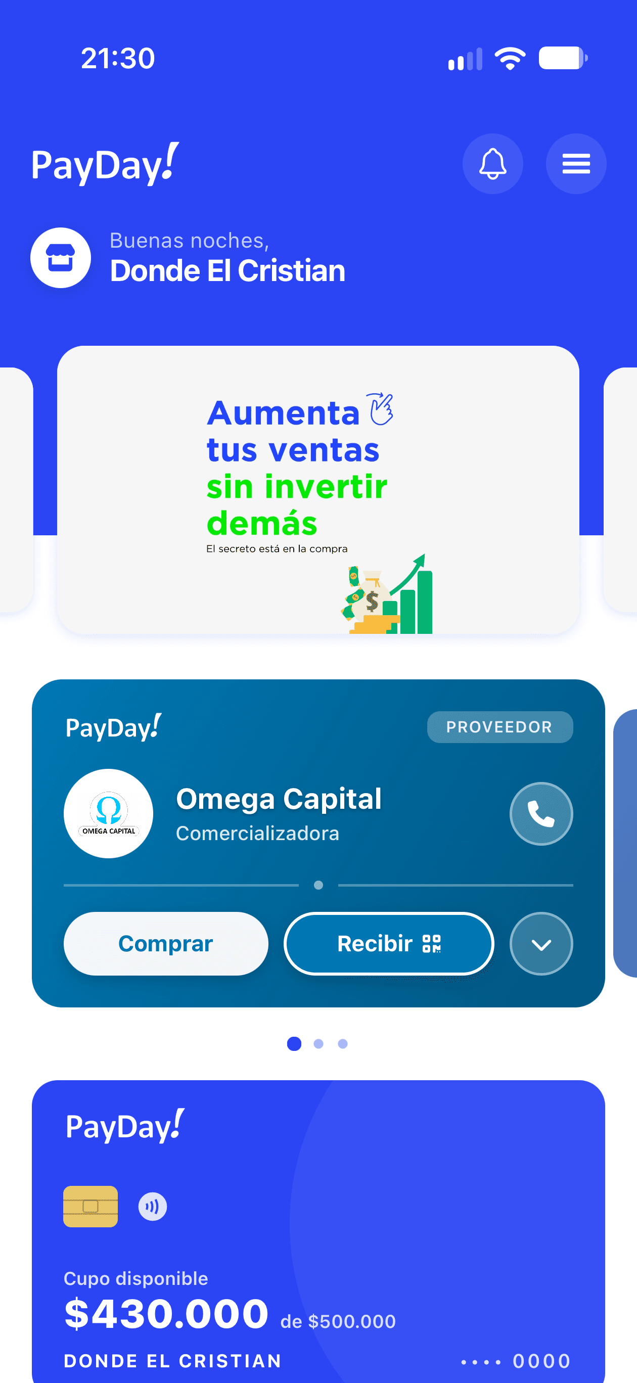 Inicio de la app PayDay! con el proveedor del comercio y su cupo disponible